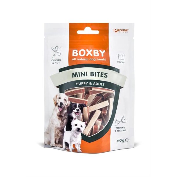 Boxby Mini bites med chicken og fish 100g God til hvalpe.